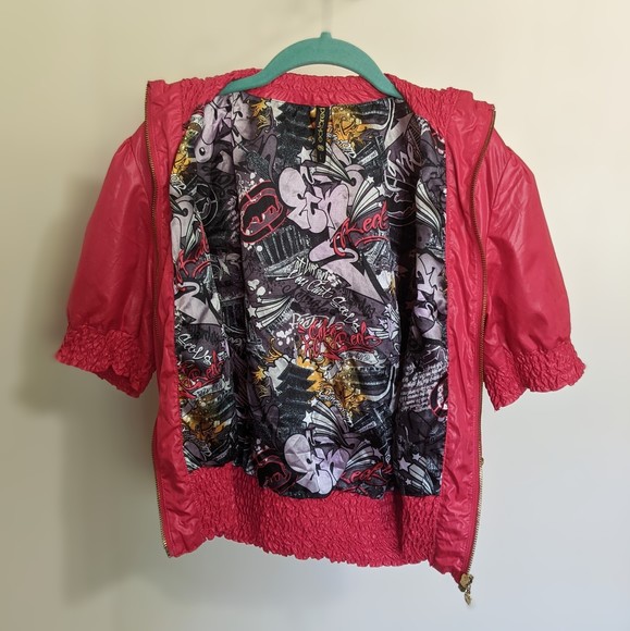 ecko red puffer jacket, half sleeve, lg. graffiti art. urban 90s, y2k hip hop. - Picture 2 of 12